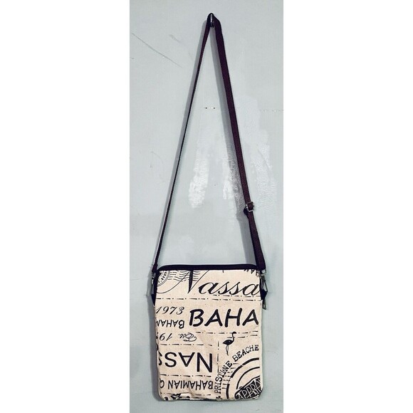 Bahamas Ivory Brown Canvas Crossbody Bag Zip Up W Outside Pocket - Picture 6 of 11